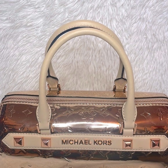 Michael Kors Kara Mirror Metallic Embossed Large Duffle Satchel Bag in Rose Gold - Picture 3 of 14